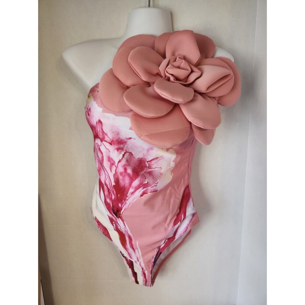Off One Shoulder With Big Flower One Piece Swim Suit With Wrap Skirt Size Small